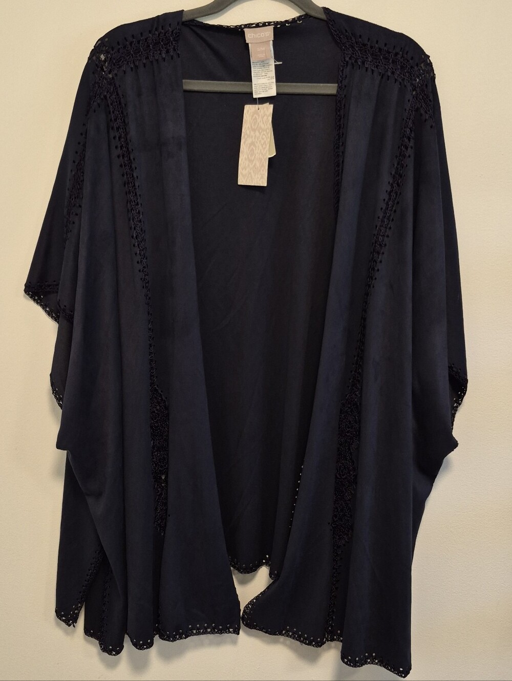 Chico's Ruana Wrap Faux Suede Navy Blue Cover Up Jacket Crochet Size S/M - Picture 2 of 13